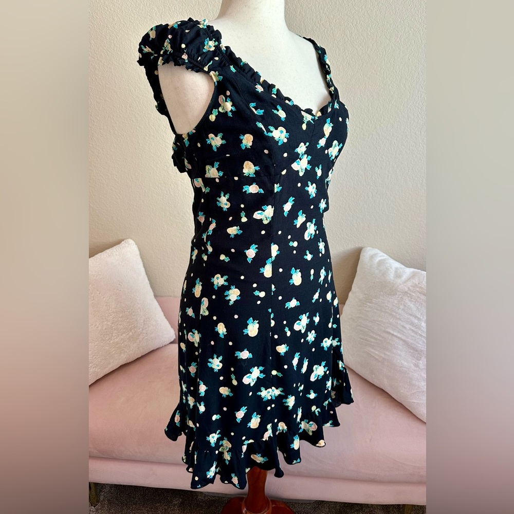 Free People Black Like A Lady Floral Fruit print Linen Blend Mini Dress Womens L